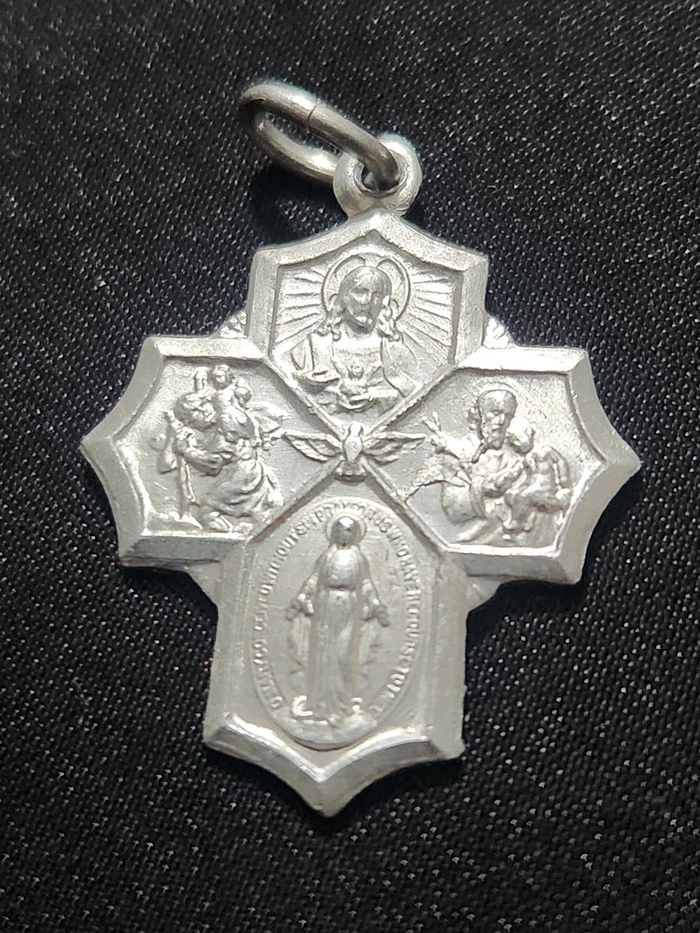 Vintage 4 Way Cross Medal Pendant France Sacred Heart Miraculous St Christopher